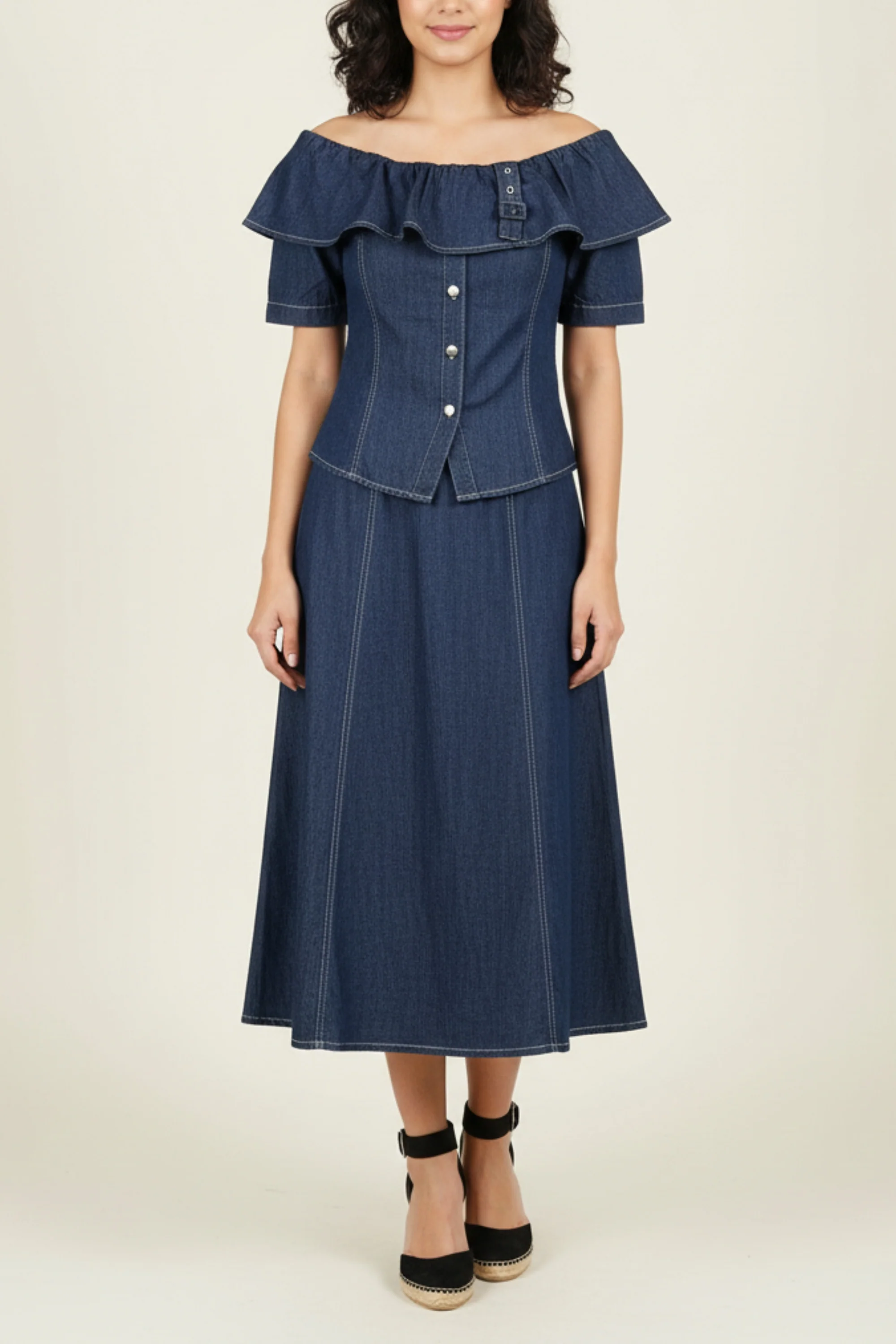 Off-Shoulder Denim Skirt Co-ord Set